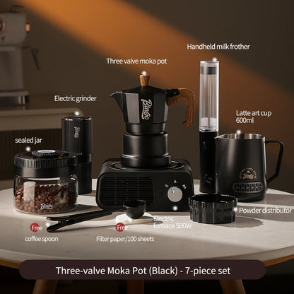 BINCOO Three‑Valve Moka Pot Home Coffee Maker Set with Coffee Grinder Small Italian Espresso Coffee Brewing Utensils Kit 2Cups