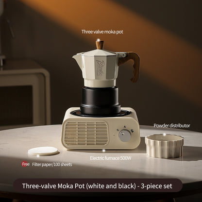 BINCOO Three‑Valve Moka Pot Home Coffee Maker Set with Coffee Grinder Small Italian Espresso Coffee Brewing Utensils Kit 2Cups