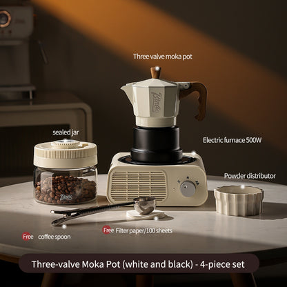 BINCOO Three‑Valve Moka Pot Home Coffee Maker Set with Coffee Grinder Small Italian Espresso Coffee Brewing Utensils Kit 2Cups