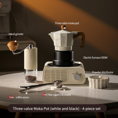 BINCOO Three‑Valve Moka Pot Home Coffee Maker Set with Coffee Grinder Small Italian Espresso Coffee Brewing Utensils Kit 2Cups