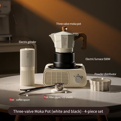 BINCOO Three‑Valve Moka Pot Home Coffee Maker Set with Coffee Grinder Small Italian Espresso Coffee Brewing Utensils Kit 2Cups