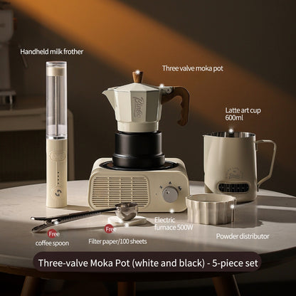 BINCOO Three‑Valve Moka Pot Home Coffee Maker Set with Coffee Grinder Small Italian Espresso Coffee Brewing Utensils Kit 2Cups