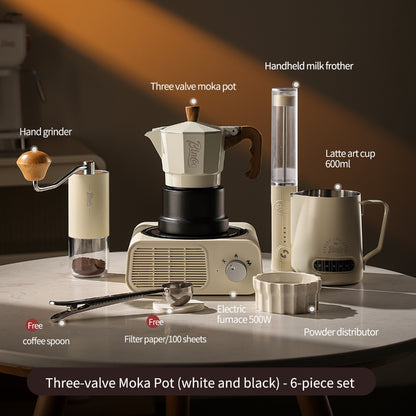 BINCOO Three‑Valve Moka Pot Home Coffee Maker Set with Coffee Grinder Small Italian Espresso Coffee Brewing Utensils Kit 2Cups