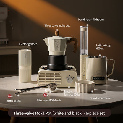 BINCOO Three‑Valve Moka Pot Home Coffee Maker Set with Coffee Grinder Small Italian Espresso Coffee Brewing Utensils Kit 2Cups