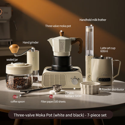 BINCOO Three‑Valve Moka Pot Home Coffee Maker Set with Coffee Grinder Small Italian Espresso Coffee Brewing Utensils Kit 2Cups
