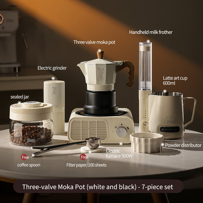 BINCOO Three‑Valve Moka Pot Home Coffee Maker Set with Coffee Grinder Small Italian Espresso Coffee Brewing Utensils Kit 2Cups