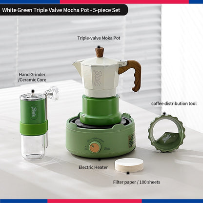 BINCOO Three‑Valve Moka Pot Set with Electric Hot Plate Manual Home Espresso Mini Coffee Maker Outdoor Coffee Kit 2Cups