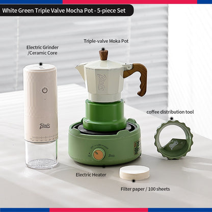 BINCOO Three‑Valve Moka Pot Set with Electric Hot Plate Manual Home Espresso Mini Coffee Maker Outdoor Coffee Kit 2Cups
