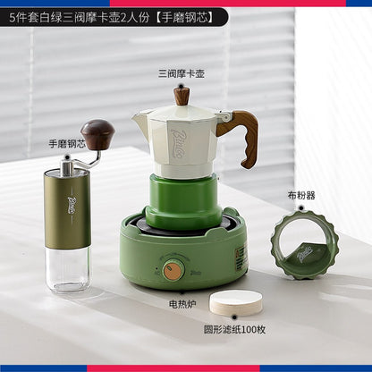 BINCOO Three‑Valve Moka Pot Set with Electric Hot Plate Manual Home Espresso Mini Coffee Maker Outdoor Coffee Kit 2Cups