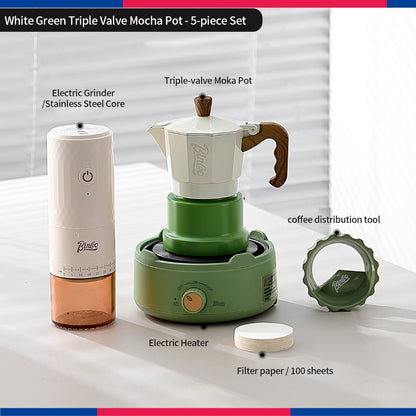 BINCOO Three‑Valve Moka Pot Set with Electric Hot Plate Manual Home Espresso Mini Coffee Maker Outdoor Coffee Kit 2Cups