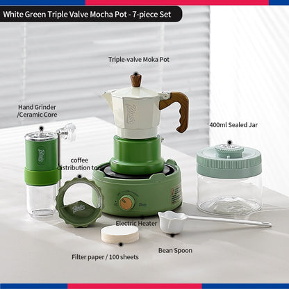 BINCOO Three‑Valve Moka Pot Set with Electric Hot Plate Manual Home Espresso Mini Coffee Maker Outdoor Coffee Kit 2Cups