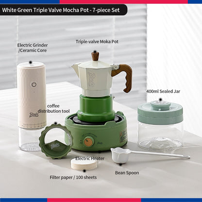 BINCOO Three‑Valve Moka Pot Set with Electric Hot Plate Manual Home Espresso Mini Coffee Maker Outdoor Coffee Kit 2Cups