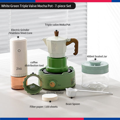 BINCOO Three‑Valve Moka Pot Set with Electric Hot Plate Manual Home Espresso Mini Coffee Maker Outdoor Coffee Kit 2Cups