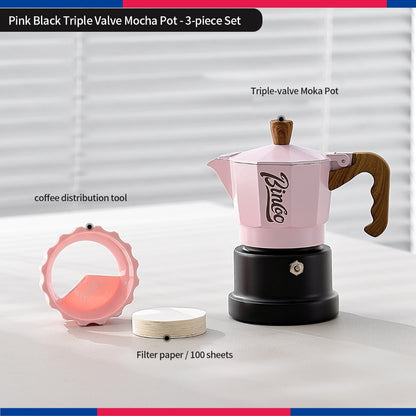 BINCOO Three‑Valve Moka Pot Set with Electric Hot Plate Manual Home Espresso Mini Coffee Maker Outdoor Coffee Kit 2Cups