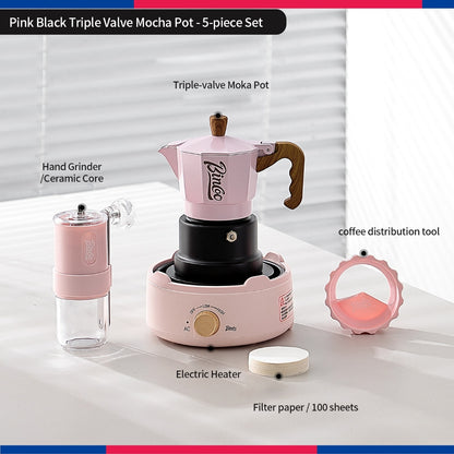 BINCOO Three‑Valve Moka Pot Set with Electric Hot Plate Manual Home Espresso Mini Coffee Maker Outdoor Coffee Kit 2Cups