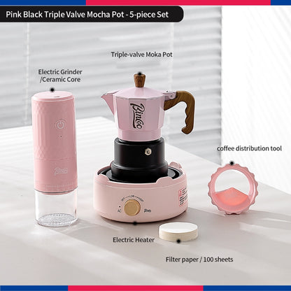BINCOO Three‑Valve Moka Pot Set with Electric Hot Plate Manual Home Espresso Mini Coffee Maker Outdoor Coffee Kit 2Cups
