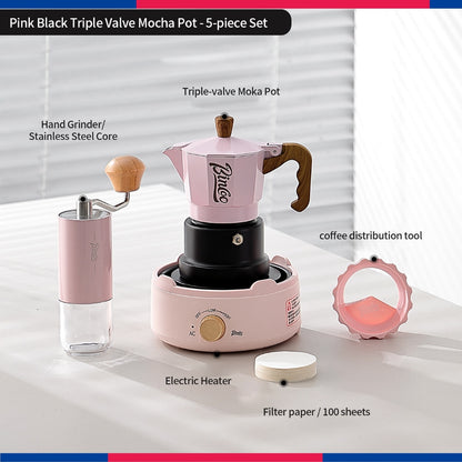 BINCOO Three‑Valve Moka Pot Set with Electric Hot Plate Manual Home Espresso Mini Coffee Maker Outdoor Coffee Kit 2Cups