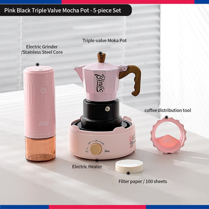BINCOO Three‑Valve Moka Pot Set with Electric Hot Plate Manual Home Espresso Mini Coffee Maker Outdoor Coffee Kit 2Cups