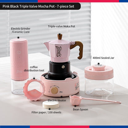 BINCOO Three‑Valve Moka Pot Set with Electric Hot Plate Manual Home Espresso Mini Coffee Maker Outdoor Coffee Kit 2Cups