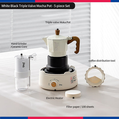 BINCOO Three‑Valve Moka Pot Set with Electric Hot Plate Manual Home Espresso Mini Coffee Maker Outdoor Coffee Kit 2Cups
