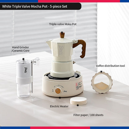 BINCOO Three‑Valve Moka Pot Set with Electric Hot Plate Manual Home Espresso Mini Coffee Maker Outdoor Coffee Kit 2Cups