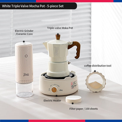 BINCOO Three‑Valve Moka Pot Set with Electric Hot Plate Manual Home Espresso Mini Coffee Maker Outdoor Coffee Kit 2Cups