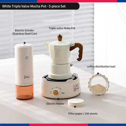 BINCOO Three‑Valve Moka Pot Set with Electric Hot Plate Manual Home Espresso Mini Coffee Maker Outdoor Coffee Kit 2Cups