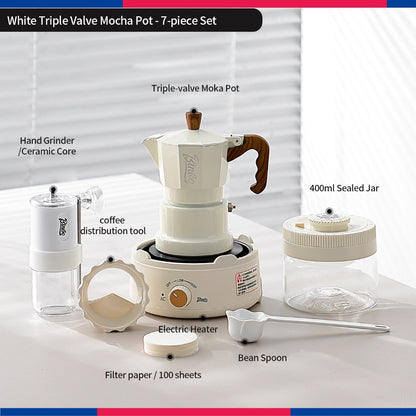 BINCOO Three‑Valve Moka Pot Set with Electric Hot Plate Manual Home Espresso Mini Coffee Maker Outdoor Coffee Kit 2Cups