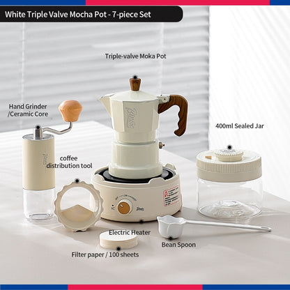 BINCOO Three‑Valve Moka Pot Set with Electric Hot Plate Manual Home Espresso Mini Coffee Maker Outdoor Coffee Kit 2Cups