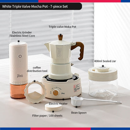 BINCOO Three‑Valve Moka Pot Set with Electric Hot Plate Manual Home Espresso Mini Coffee Maker Outdoor Coffee Kit 2Cups