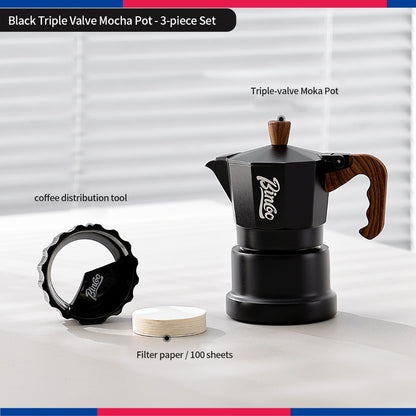 BINCOO Three‑Valve Moka Pot Set with Electric Hot Plate Manual Home Espresso Mini Coffee Maker Outdoor Coffee Kit 2Cups