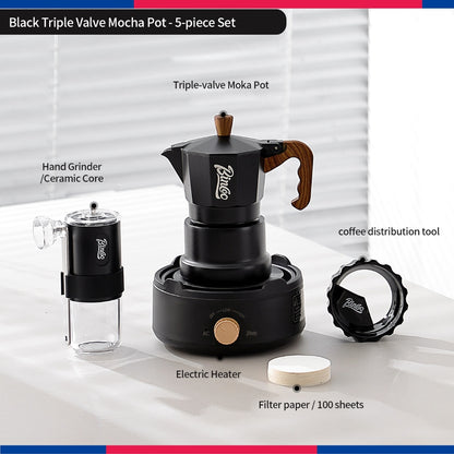 BINCOO Three‑Valve Moka Pot Set with Electric Hot Plate Manual Home Espresso Mini Coffee Maker Outdoor Coffee Kit 2Cups