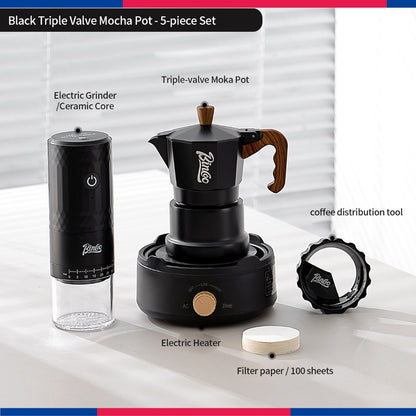 BINCOO Three‑Valve Moka Pot Set with Electric Hot Plate Manual Home Espresso Mini Coffee Maker Outdoor Coffee Kit 2Cups