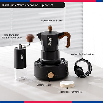 BINCOO Three‑Valve Moka Pot Set with Electric Hot Plate Manual Home Espresso Mini Coffee Maker Outdoor Coffee Kit 2Cups