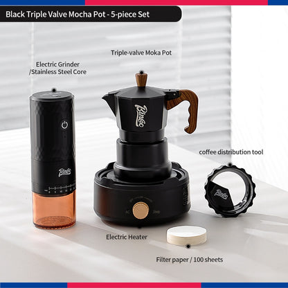 BINCOO Three‑Valve Moka Pot Set with Electric Hot Plate Manual Home Espresso Mini Coffee Maker Outdoor Coffee Kit 2Cups