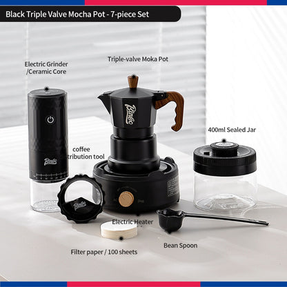 BINCOO Three‑Valve Moka Pot Set with Electric Hot Plate Manual Home Espresso Mini Coffee Maker Outdoor Coffee Kit 2Cups