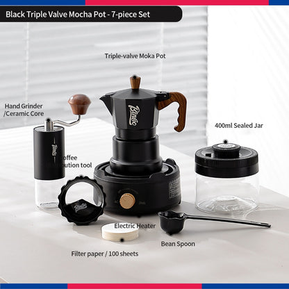 BINCOO Three‑Valve Moka Pot Set with Electric Hot Plate Manual Home Espresso Mini Coffee Maker Outdoor Coffee Kit 2Cups
