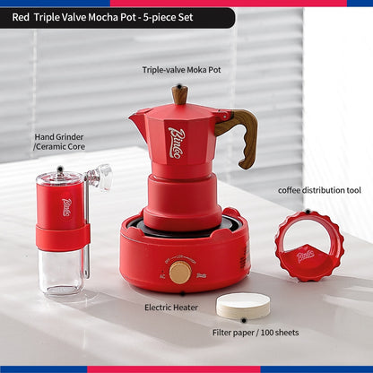 BINCOO Three‑Valve Moka Pot Set with Electric Hot Plate Manual Home Espresso Mini Coffee Maker Outdoor Coffee Kit 2Cups