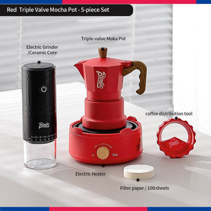 BINCOO Three‑Valve Moka Pot Set with Electric Hot Plate Manual Home Espresso Mini Coffee Maker Outdoor Coffee Kit 2Cups