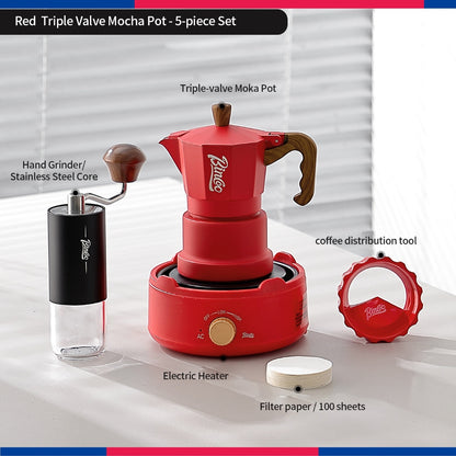 BINCOO Three‑Valve Moka Pot Set with Electric Hot Plate Manual Home Espresso Mini Coffee Maker Outdoor Coffee Kit 2Cups