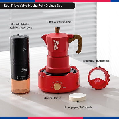 BINCOO Three‑Valve Moka Pot Set with Electric Hot Plate Manual Home Espresso Mini Coffee Maker Outdoor Coffee Kit 2Cups