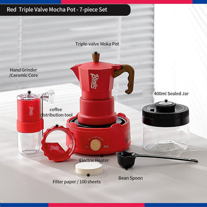 BINCOO Three‑Valve Moka Pot Set with Electric Hot Plate Manual Home Espresso Mini Coffee Maker Outdoor Coffee Kit 2Cups