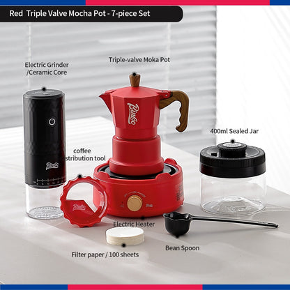 BINCOO Three‑Valve Moka Pot Set with Electric Hot Plate Manual Home Espresso Mini Coffee Maker Outdoor Coffee Kit 2Cups