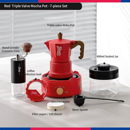 BINCOO Three‑Valve Moka Pot Set with Electric Hot Plate Manual Home Espresso Mini Coffee Maker Outdoor Coffee Kit 2Cups