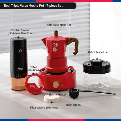 BINCOO Three‑Valve Moka Pot Set with Electric Hot Plate Manual Home Espresso Mini Coffee Maker Outdoor Coffee Kit 2Cups
