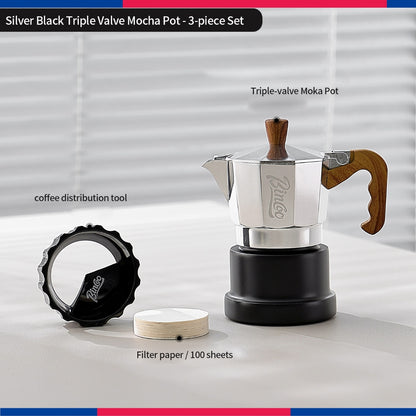 BINCOO Three‑Valve Moka Pot Set with Electric Hot Plate Manual Home Espresso Mini Coffee Maker Outdoor Coffee Kit 2Cups