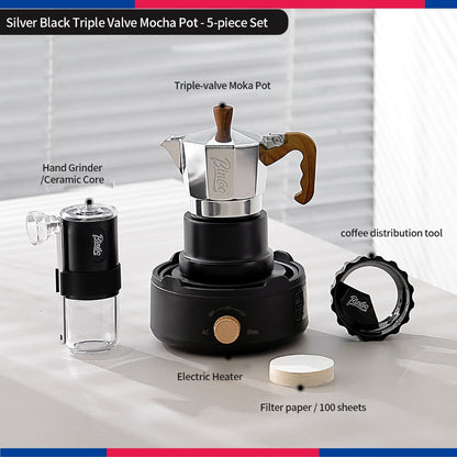BINCOO Three‑Valve Moka Pot Set with Electric Hot Plate Manual Home Espresso Mini Coffee Maker Outdoor Coffee Kit 2Cups