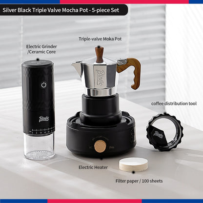 BINCOO Three‑Valve Moka Pot Set with Electric Hot Plate Manual Home Espresso Mini Coffee Maker Outdoor Coffee Kit 2Cups
