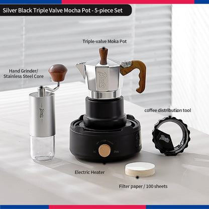 BINCOO Three‑Valve Moka Pot Set with Electric Hot Plate Manual Home Espresso Mini Coffee Maker Outdoor Coffee Kit 2Cups