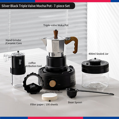BINCOO Three‑Valve Moka Pot Set with Electric Hot Plate Manual Home Espresso Mini Coffee Maker Outdoor Coffee Kit 2Cups